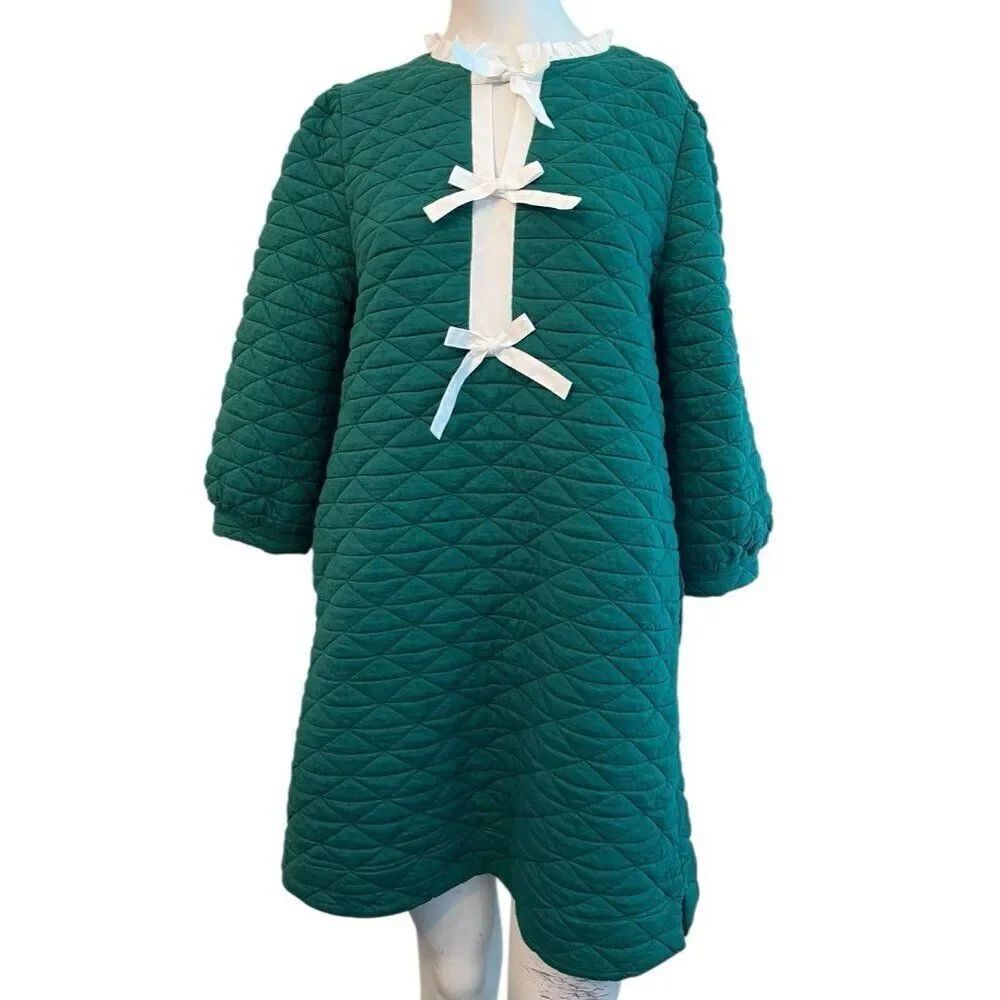 Jodifl Hunter Green White Bow Quilted Shift Sheath Dress Long Sleeve Pockets New